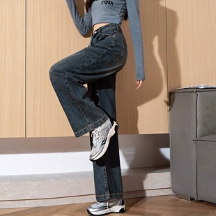 唐狮夏季新款牛仔裤女复古褶裥阔腿时尚百搭宽松牛仔裤子女WTD