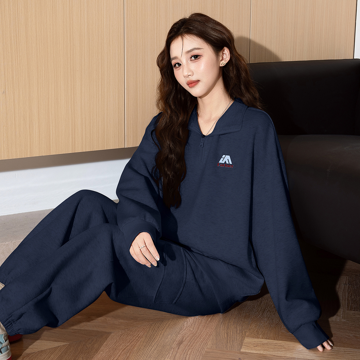 唐狮半拉链卫衣套装小个子宽松跑