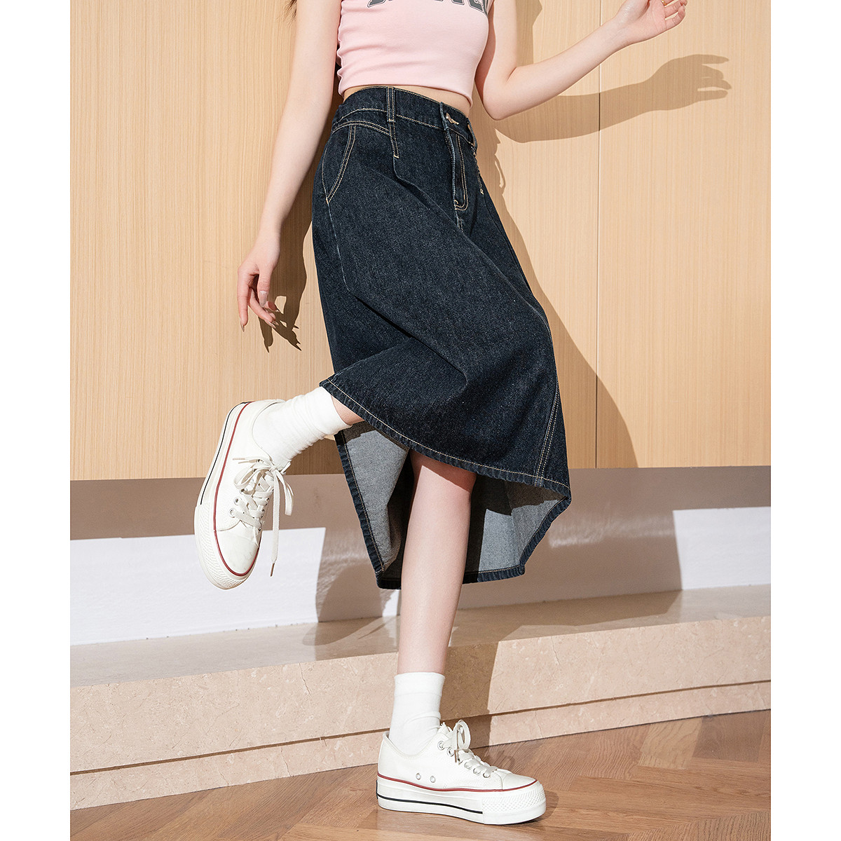 唐狮春夏季新款女半身裙休闲百搭牛仔半身长裙显瘦a字裙伞裙TE