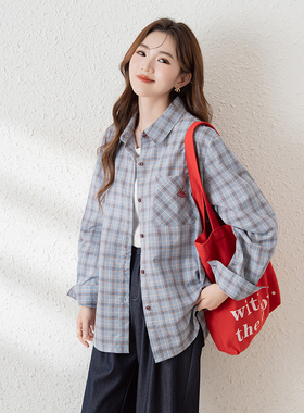 唐狮新款长袖衬衫女蓝色翻领撞色日系百搭休闲气质上衣blTM