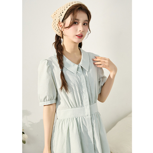 唐狮春日田园风小清新连衣裙女新款裙子夏季A字格子衬衫裙e9