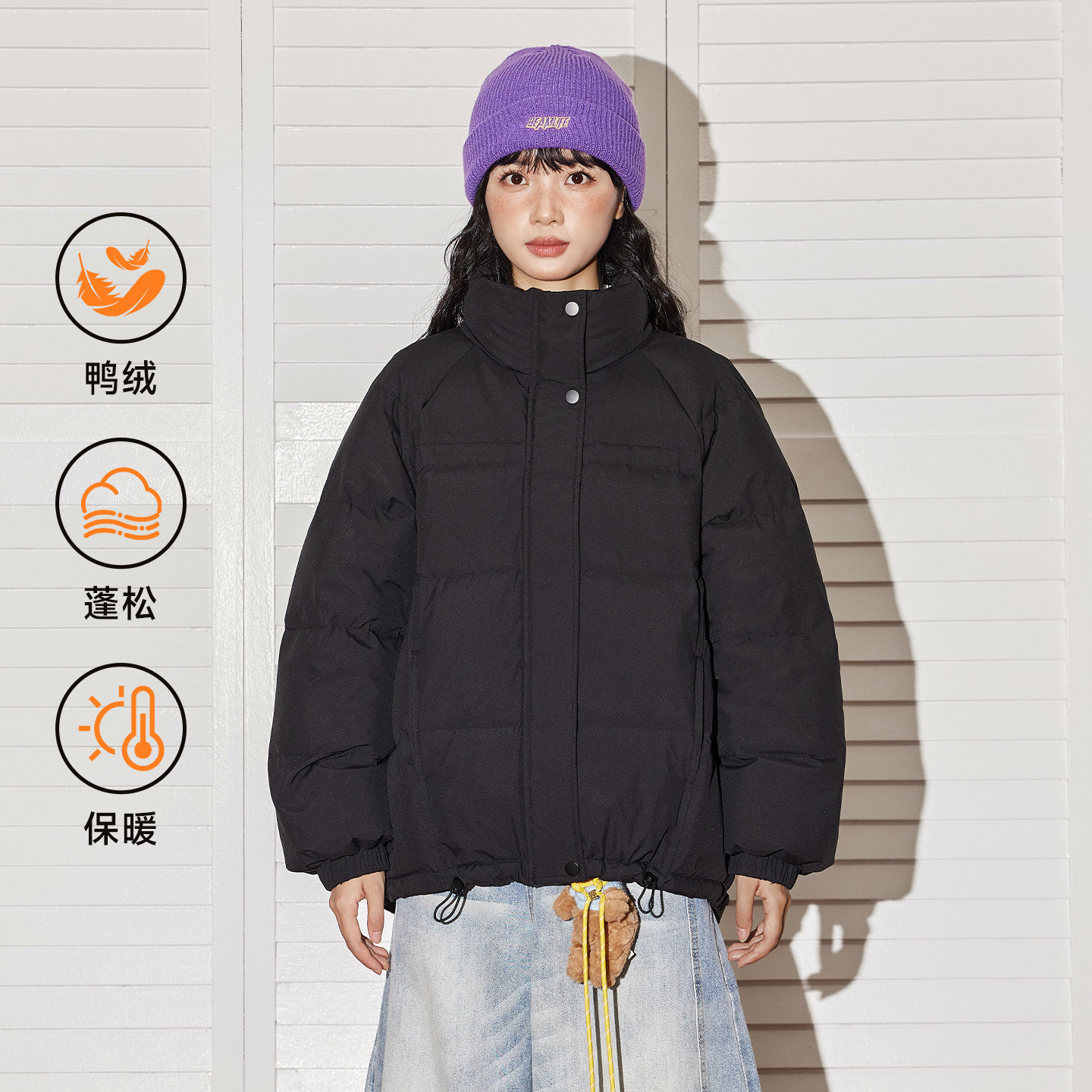 唐狮女装黑色短款羽绒服2026秋冬新款日常保暖百搭面包服女外套VB