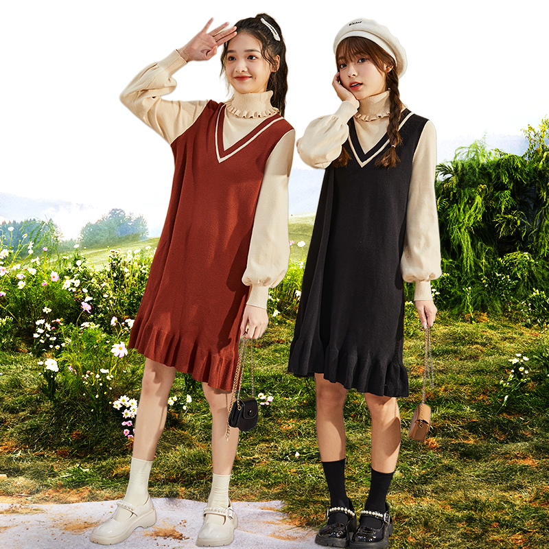 唐狮秋冬假两件针织连衣裙女打底