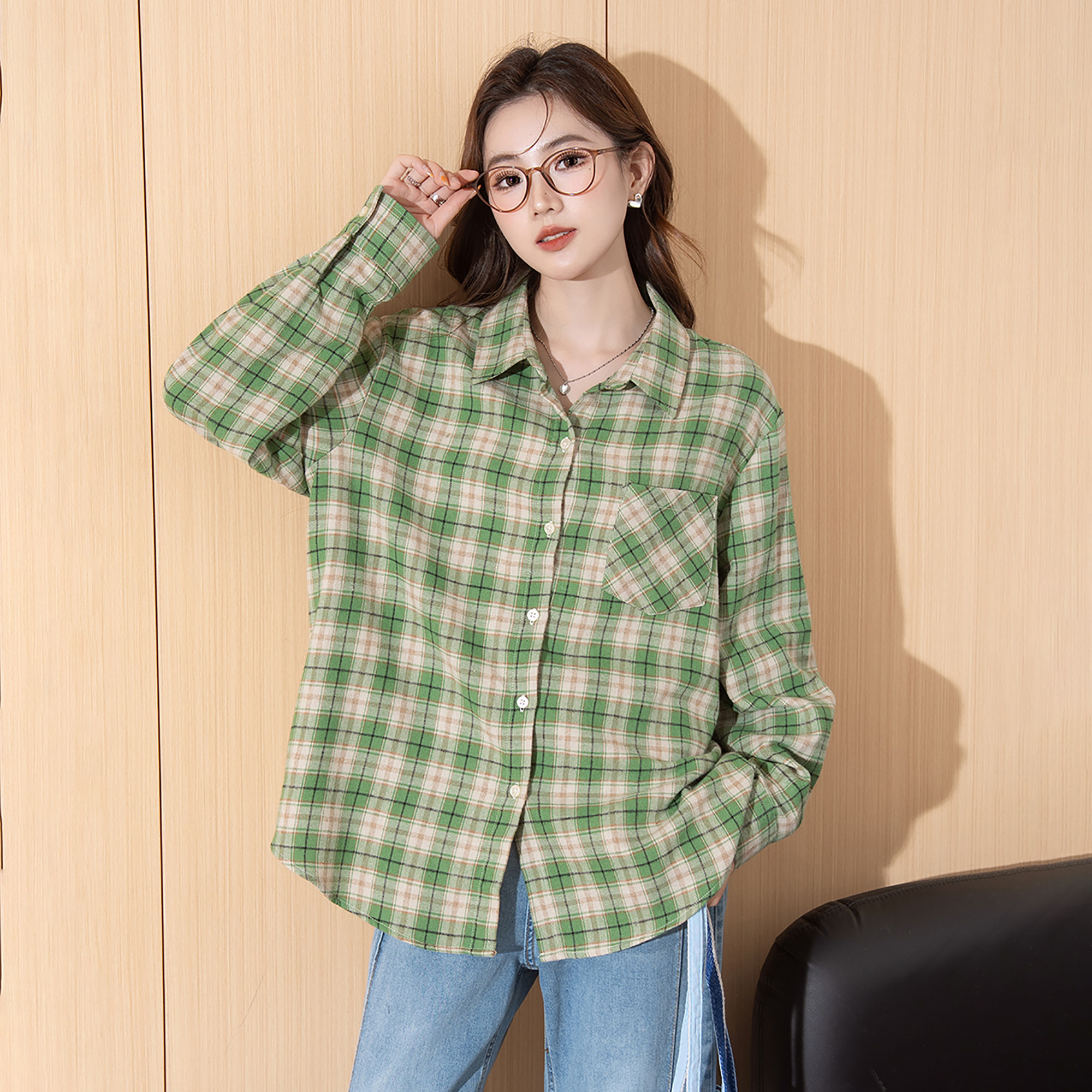 唐狮新款长袖格子衬衫女绿色格纹