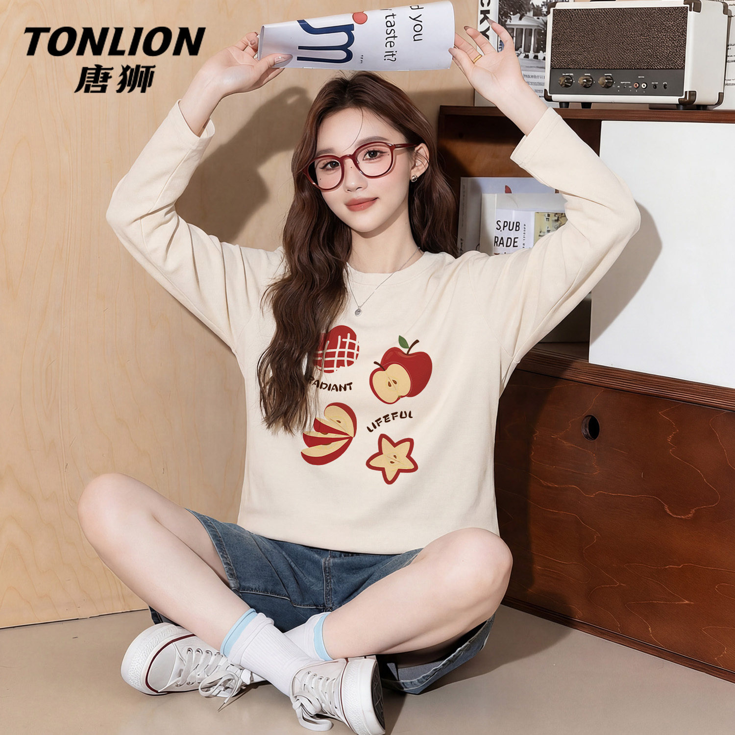 唐狮官方杏色纯棉长袖上衣女2026新款春秋款女士内搭宽松t恤女V