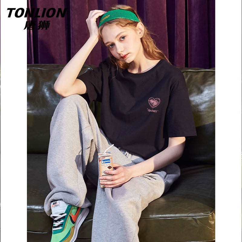 唐狮黑色纯棉短袖t恤女2025新款爆款时尚韩系chic别致上衣V