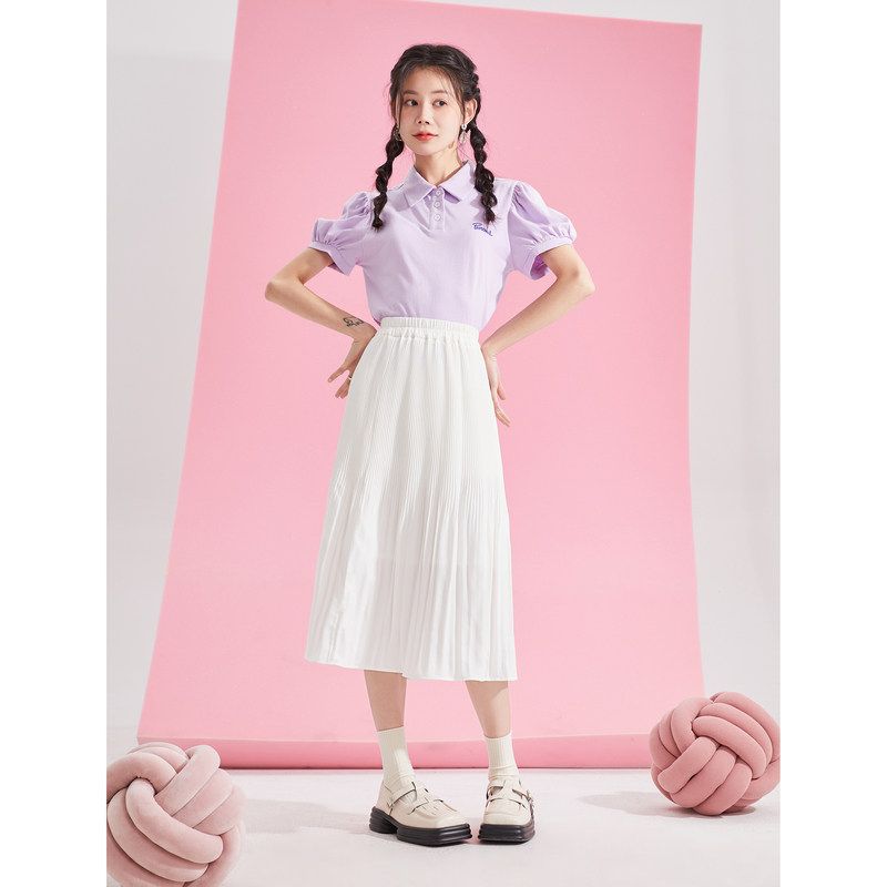 唐狮气质少女高腰显瘦纯色a字长裙裙子夏女半身裙甜美淑女雪纺