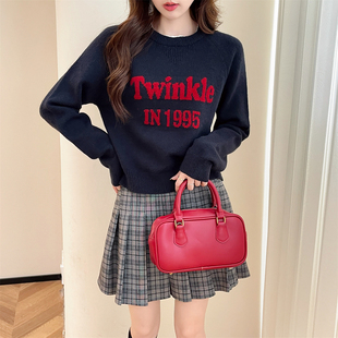 圆领套头毛线衫 校园风复古字母插肩袖 毛衣女美式 秋冬季