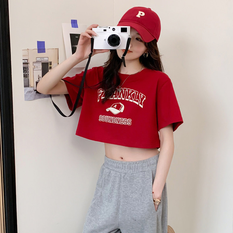 唐狮杏色圆领短袖T恤女夏季美式宽松休闲学院风短款上衣辣妹潮