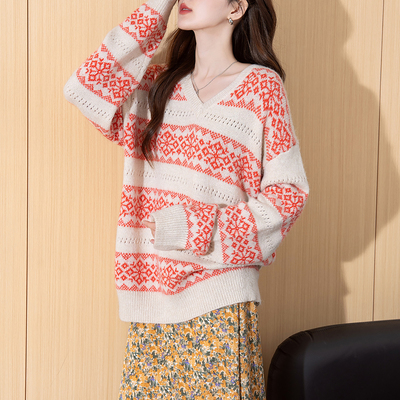 唐狮秋冬季毛衣女复古风提花图案