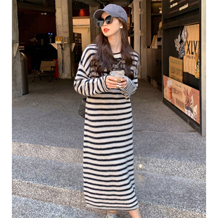 唐狮长款条纹内搭入秋连衣裙女秋新款慵懒风长裙韩系TD