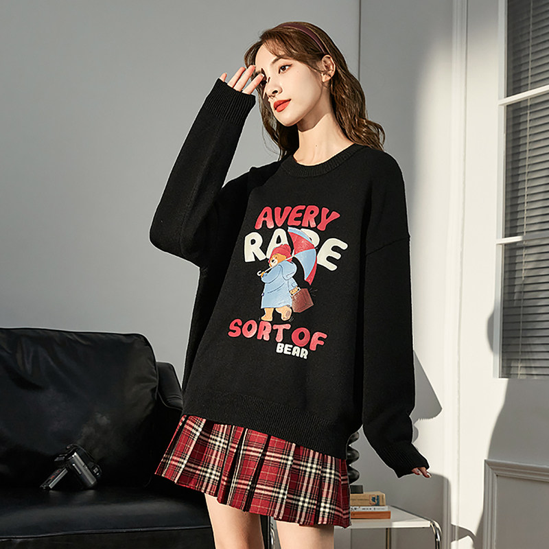 唐狮小熊圆领毛衣女春秋款软糯奶系穿搭毛衣独特上衣超好看