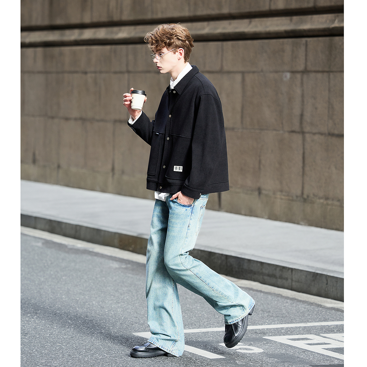 唐狮秋冬季毛呢外套男翻领肌理面