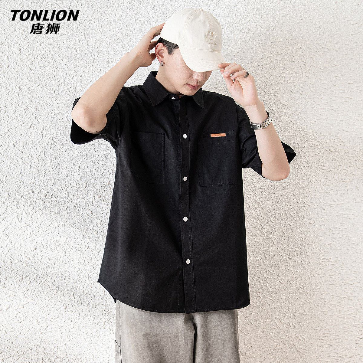 唐狮春夏季短袖衬衫男新款日系工装风宽松百搭翻领衬衣外套休闲