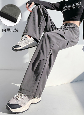 唐狮秋冬季新款女休闲裤加绒阔腿登山裤子黑色显瘦百搭工装裤TD