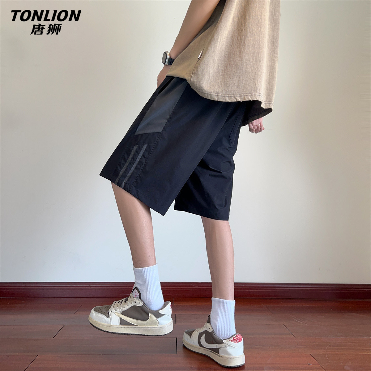 唐狮春夏季新款休闲裤男款宽松五分裤黑色休闲短裤机能运动潮酷