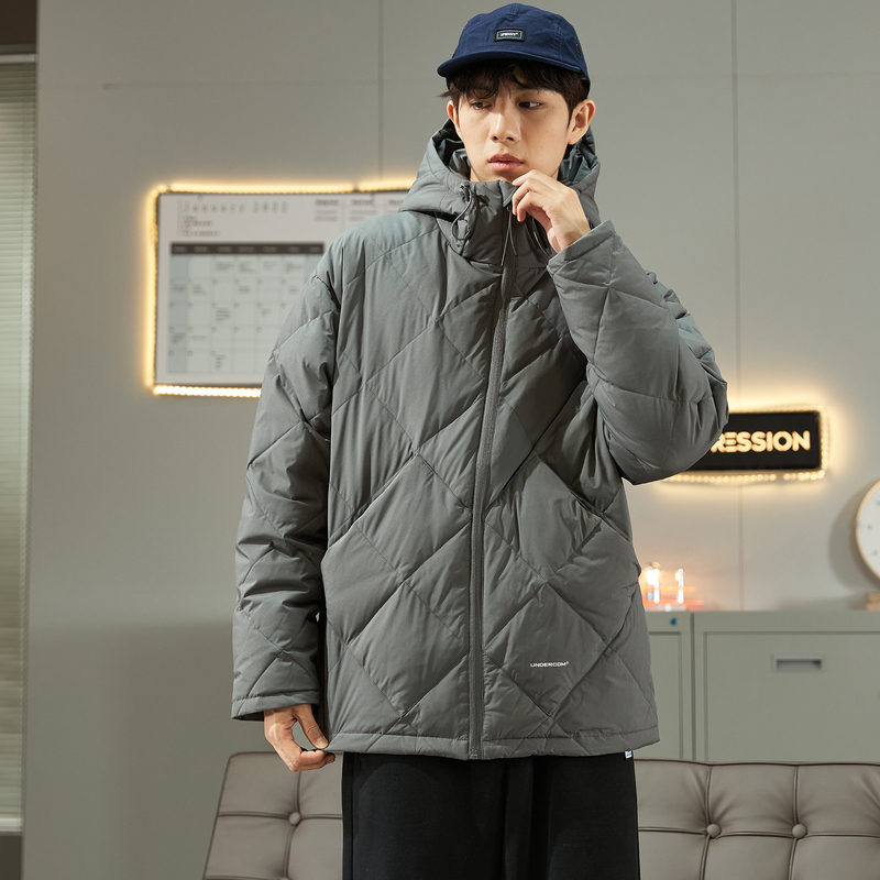 唐狮冬季纯色菱形格连帽羽绒服男潮流休闲风百搭保暖外套轻暖舒适