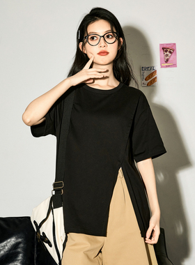 唐狮下摆开叉短袖T恤女新款夏季甜辣宽松上衣女设计感小众sz