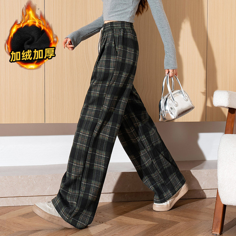 唐狮秋冬季新款女休闲裤加绒棕色流行阔腿直筒显瘦格子裤子WPTD