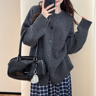 外套宽松简约百搭休闲毛线衫 唐狮秋冬季 女毛衣小刺绣圆领开衫