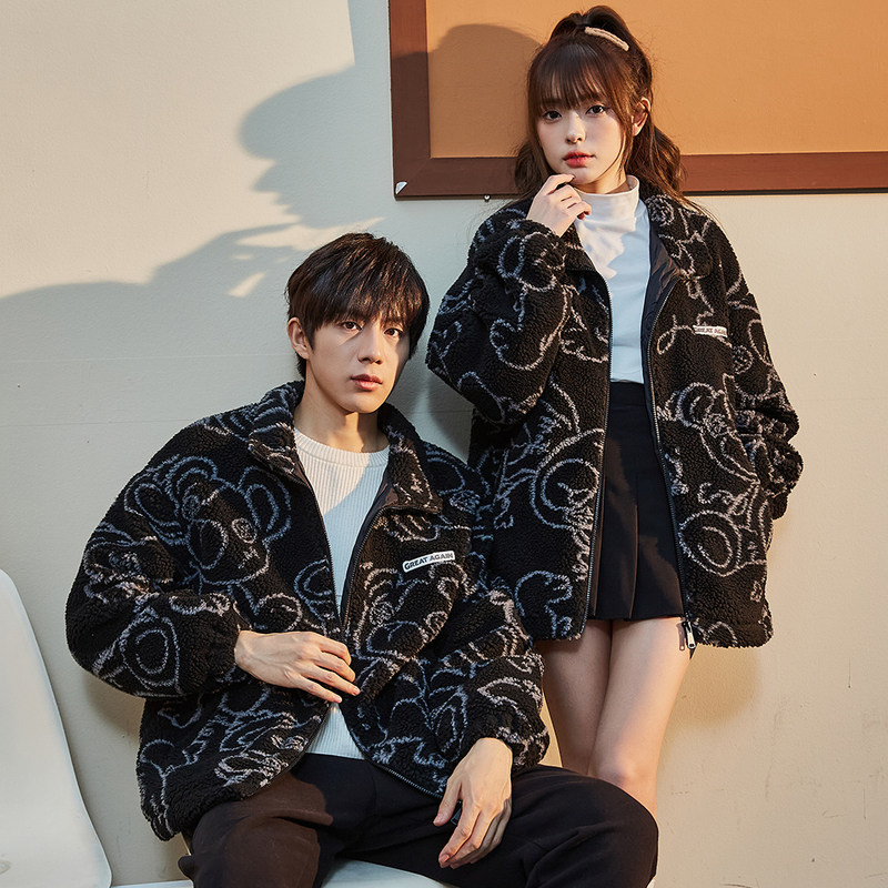 唐狮情侣款仿羊羔毛外套冬季小熊满印男女厚外套厚保暖夹克青少年