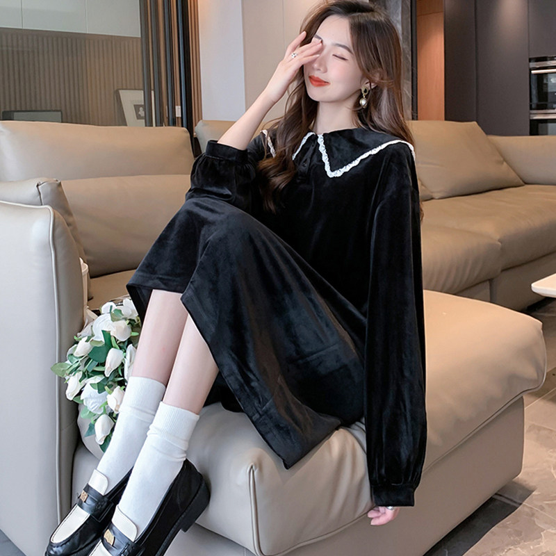 唐狮黑色赫本风连衣裙女士春秋长袖海军领裙子女装春秋流行穿搭