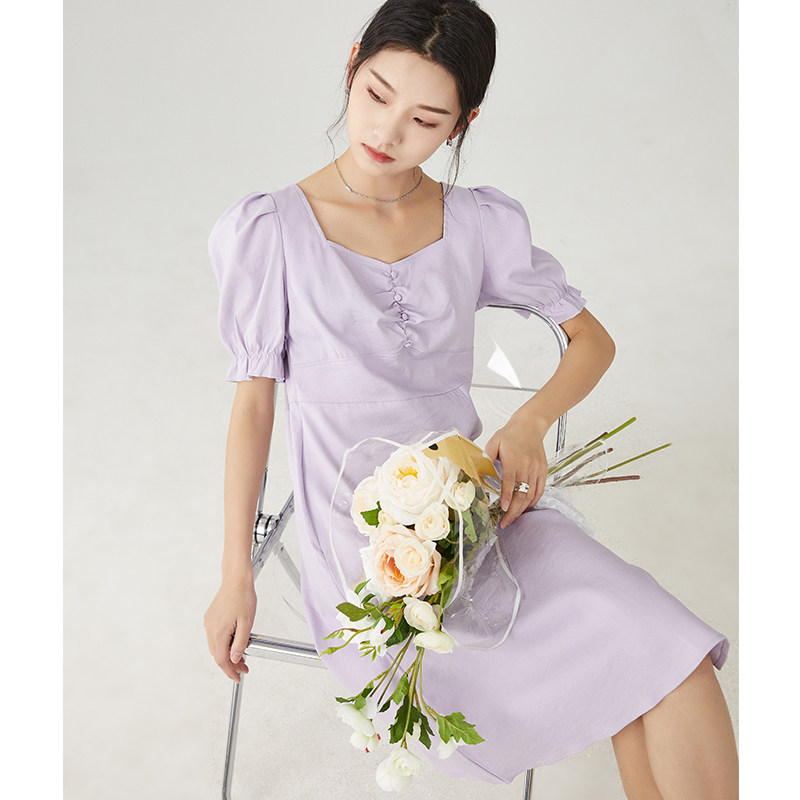 唐狮法式连衣裙夏装新款淑女设计感中长款开叉青少年裙子潮