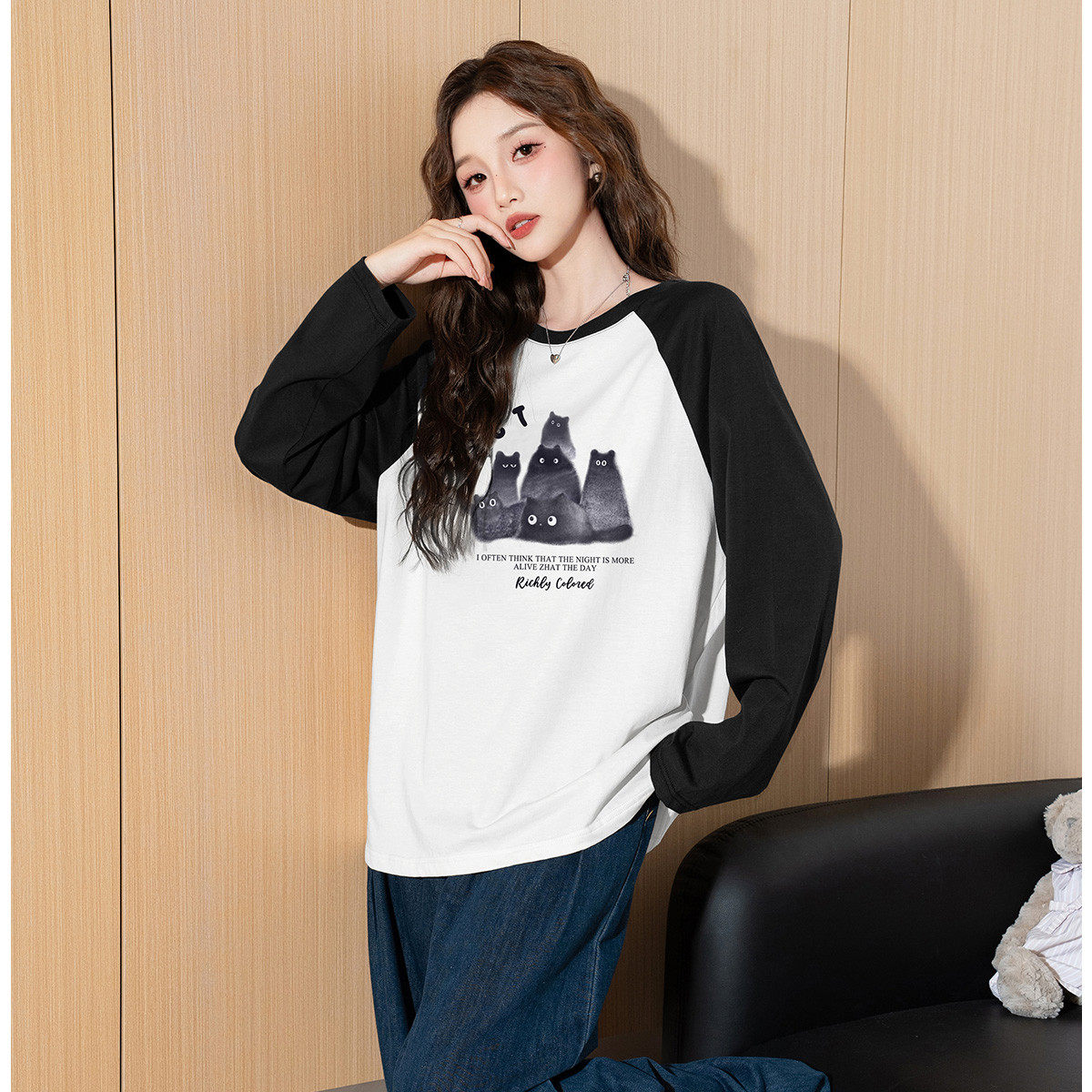唐狮春秋季女长袖T恤插肩袖撞色拼接猫咪可爱风甜美时尚气质TE