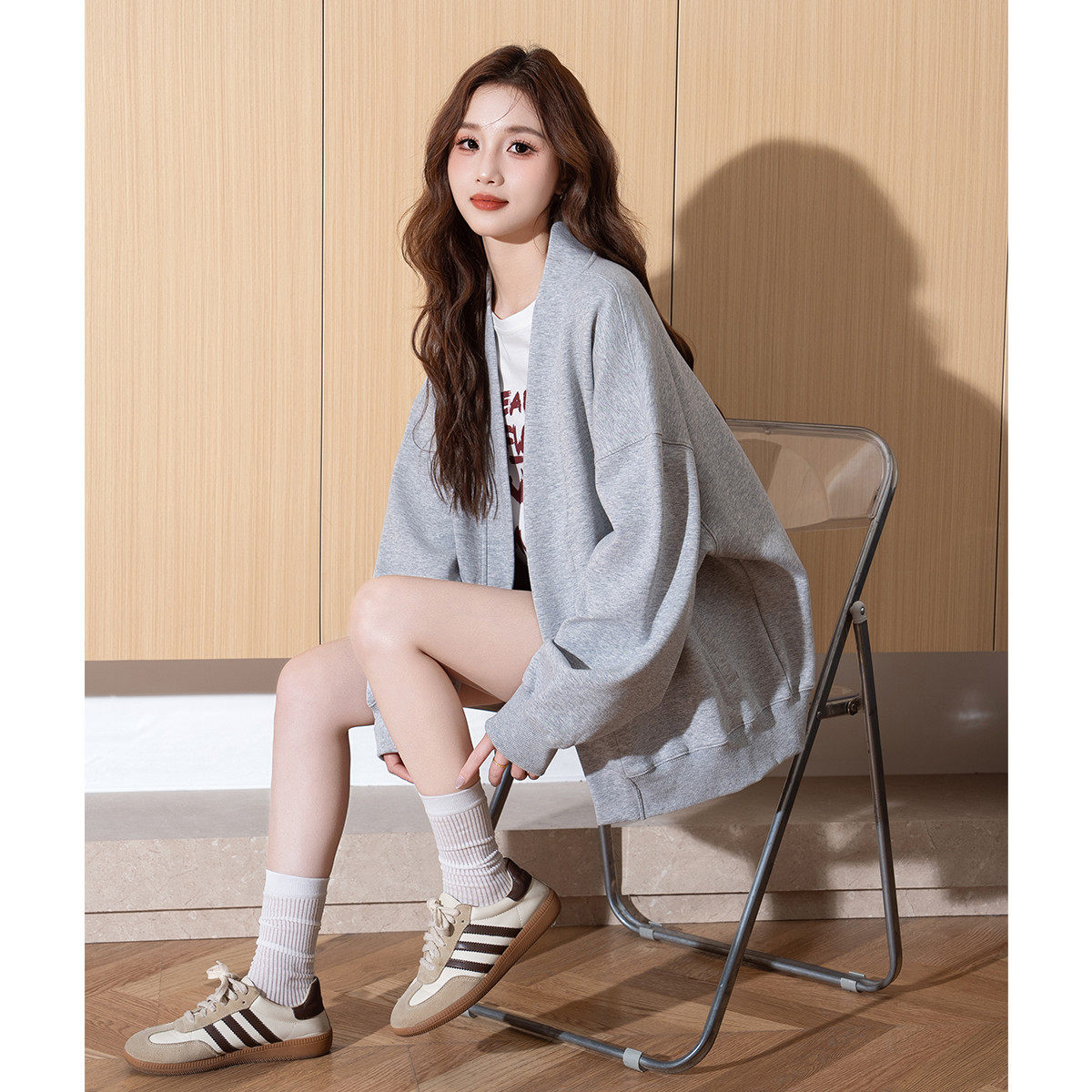 唐狮秋季新款外套女休闲宽松灰色立领卫衣拉链韩版百搭开衫tu