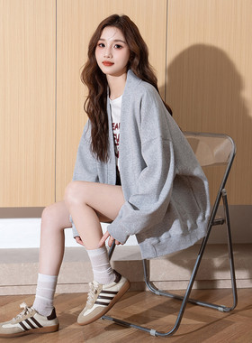 唐狮秋季新款外套女休闲宽松灰色立领卫衣拉链韩版百搭开衫2025tu