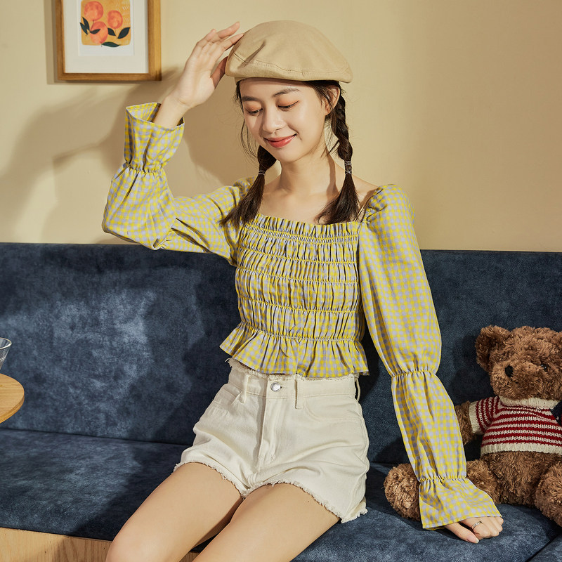 唐狮春装新款长袖衬衫女网红风法式锁骨方领小衫上衣短款衬衣