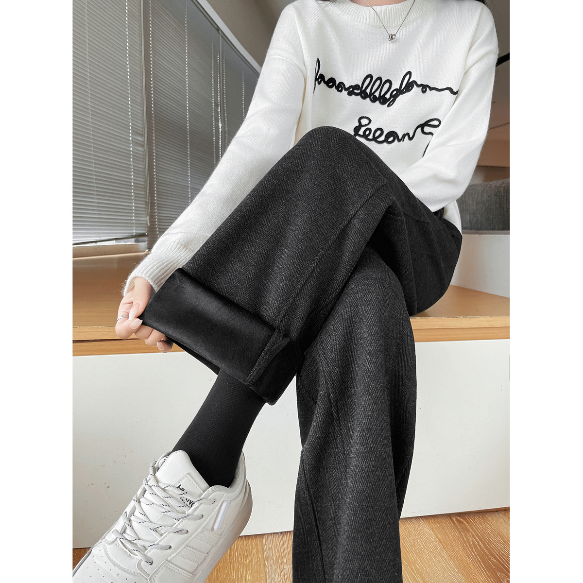 唐狮秋冬休闲长裤加绒款宽松毛呢