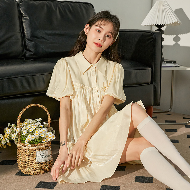 唐狮波光粼粼气质斩女甜美流行法式漂亮衬衫裙春连衣裙女短款