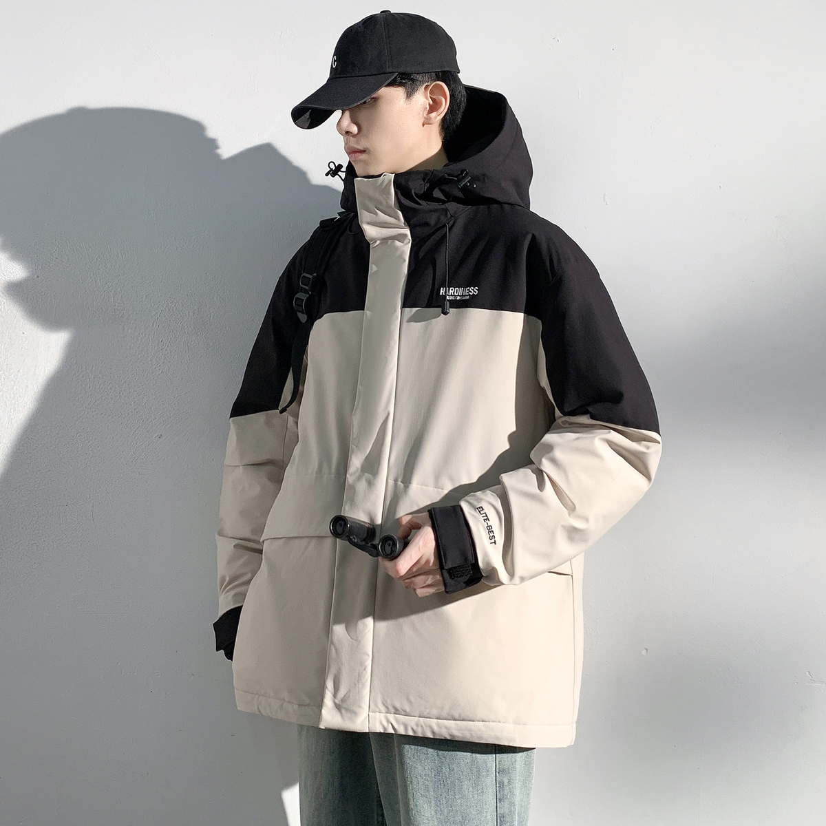 唐狮冬季新款男工装羽绒服连帽拼