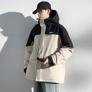 唐狮冬季新款男工装羽绒服连帽拼接防水短款厚外套冲锋少年潮TD