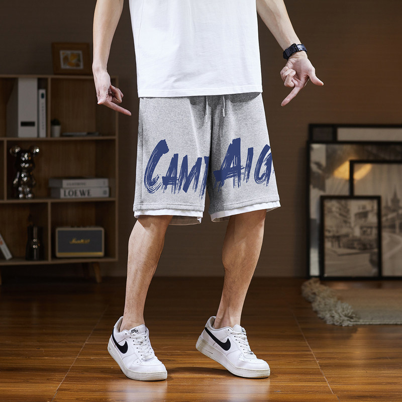 唐狮夏季新款休闲短裤男美式字母潮流个性拼接撞色五分裤中裤
