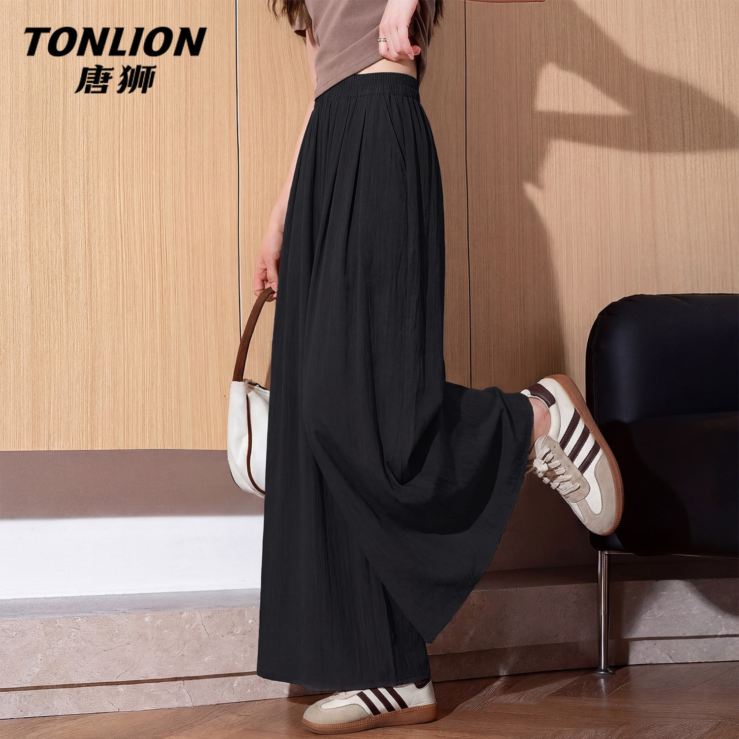 唐狮官方黑色山本裙裤女夏2026新款高腰显瘦长裙休闲慵懒阔腿裤V
