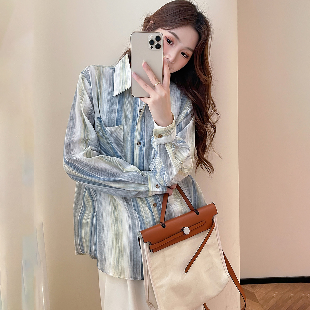 唐狮春夏秋新款女衬衫长袖轻薄撞色休闲时尚翻领流行简约TM