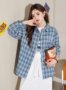 唐狮新款女长袖格子衬衫外套港风翻领宽松前胸刺绣上衣blTM