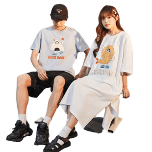 唐狮夏情侣装短袖T恤男睡衣上衣女睡裙凯伊莱文可外穿开叉孕妇裙