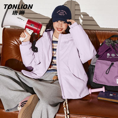 唐狮紫色连帽棉服女款2025新款冬