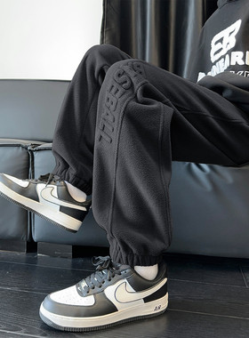 唐狮秋冬季新款男加绒休闲长裤灰色保暖加厚束脚宽松简约帅气tu