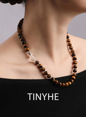 TINYHE米雪 天然黄虎眼石项链女秋冬白水晶银毛衣链小众轻奢原创
