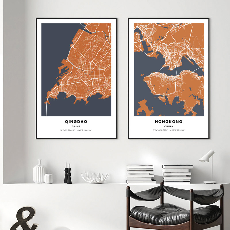 上海地图艺术风沙发背景墙装饰画