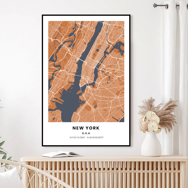 美国纽约NEWYORK城市地图装饰画线条挂画墙画通道壁画CITY摆件MAP