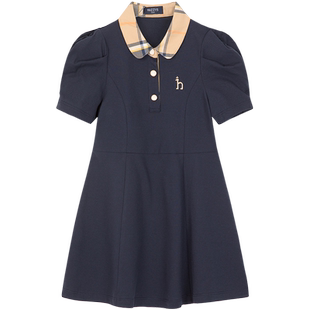 hazzys哈吉斯童装女童连衣裙夏新品中大童泡泡袖短袖polo裙