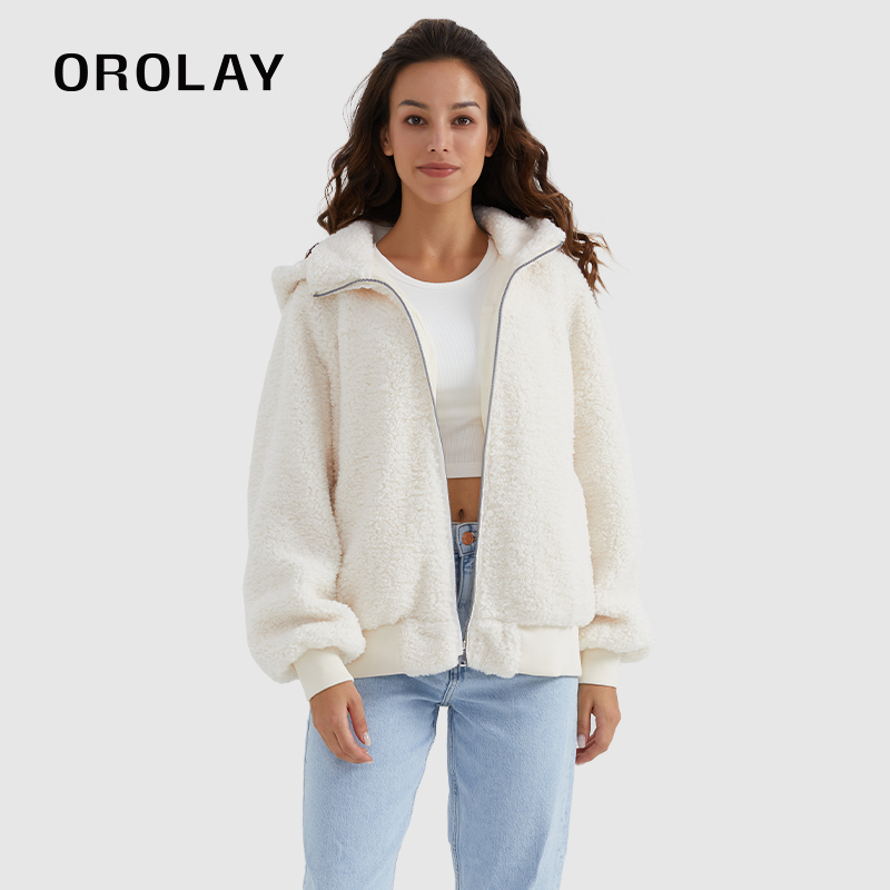 OROLAY休闲颗粒绒拉链短外套