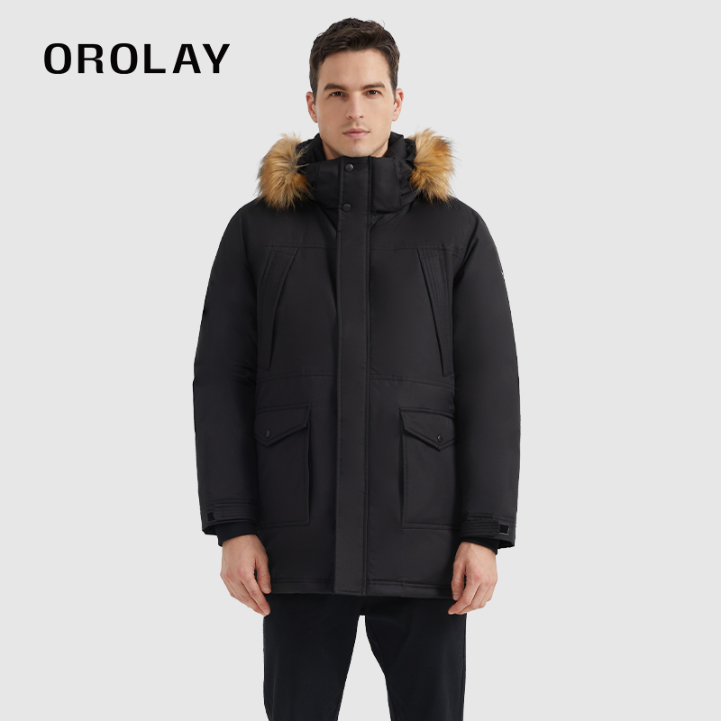 OROLAY工装风连帽中长款羽绒服