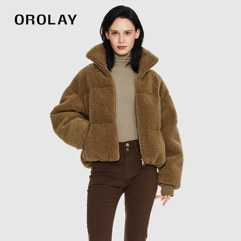 OROLAY颗粒绒短款立领羽绒服