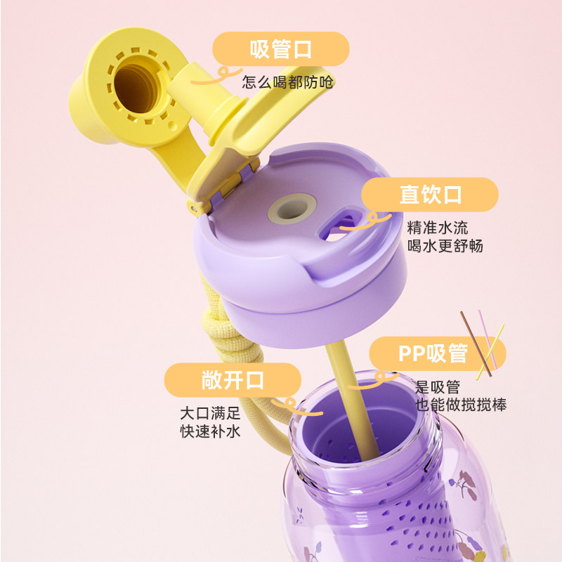 可可萌tritan水杯春日花花杯670ml吸管杯可提式冷水杯带茶隔水杯